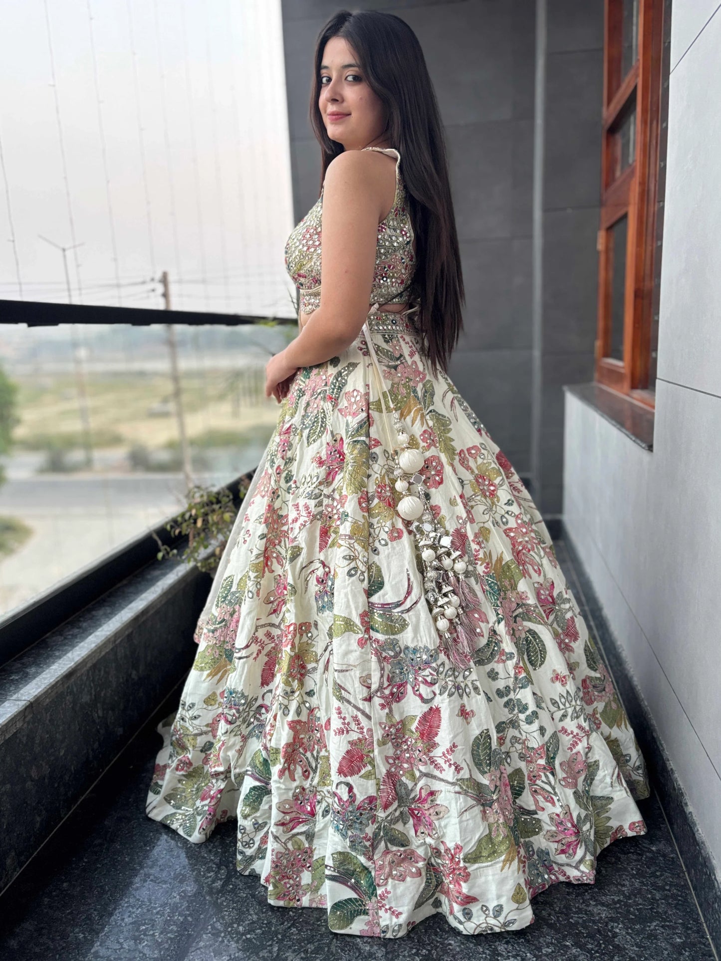 Bloom V-Neck Lehenga Set in Floral Printed Embroidered Borders