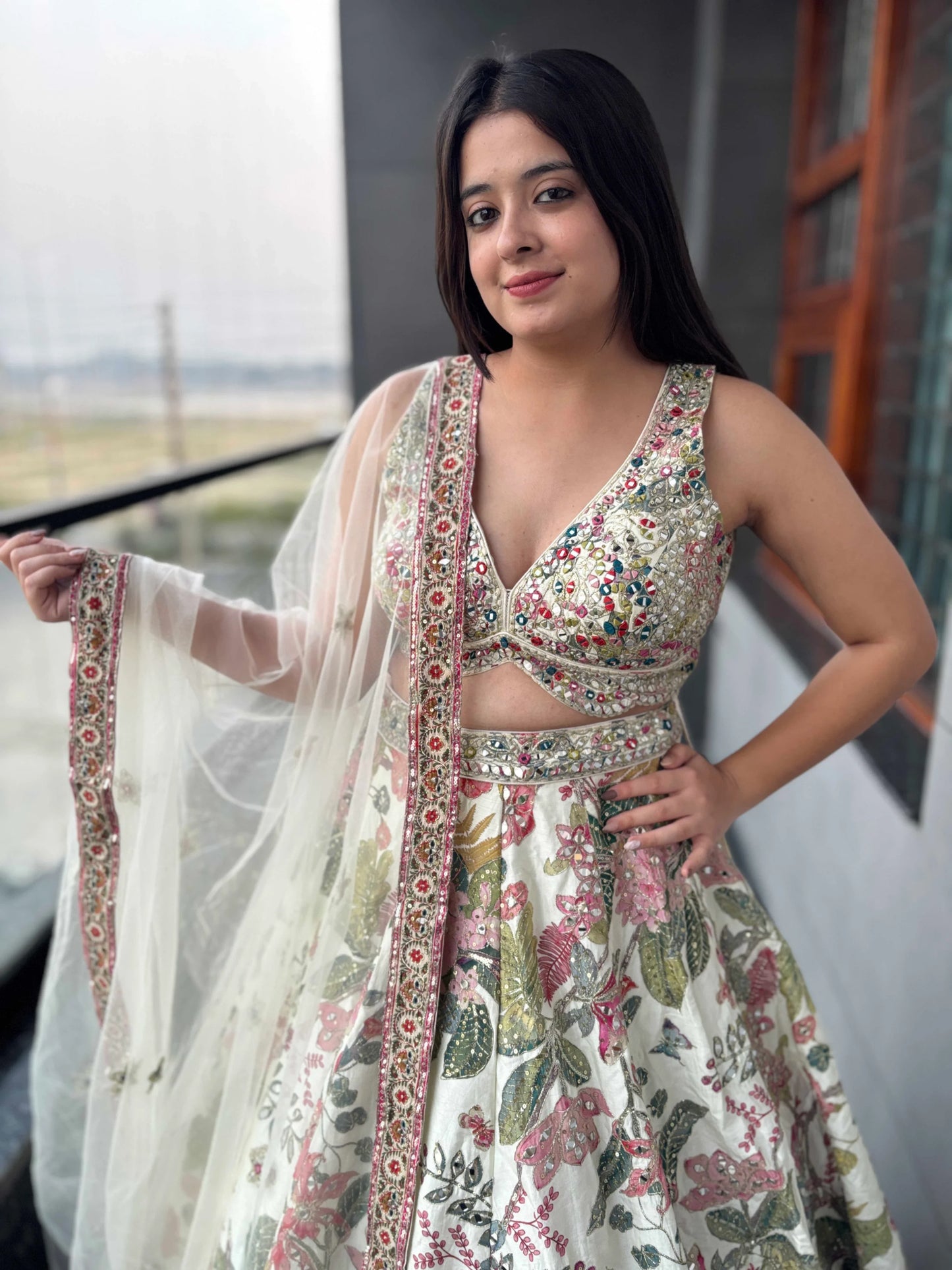 Bloom V-Neck Lehenga Set in Floral Printed Embroidered Borders