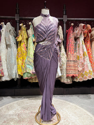 Lavender Designer Drape Saree with Sequin Embellished Couture Blouse