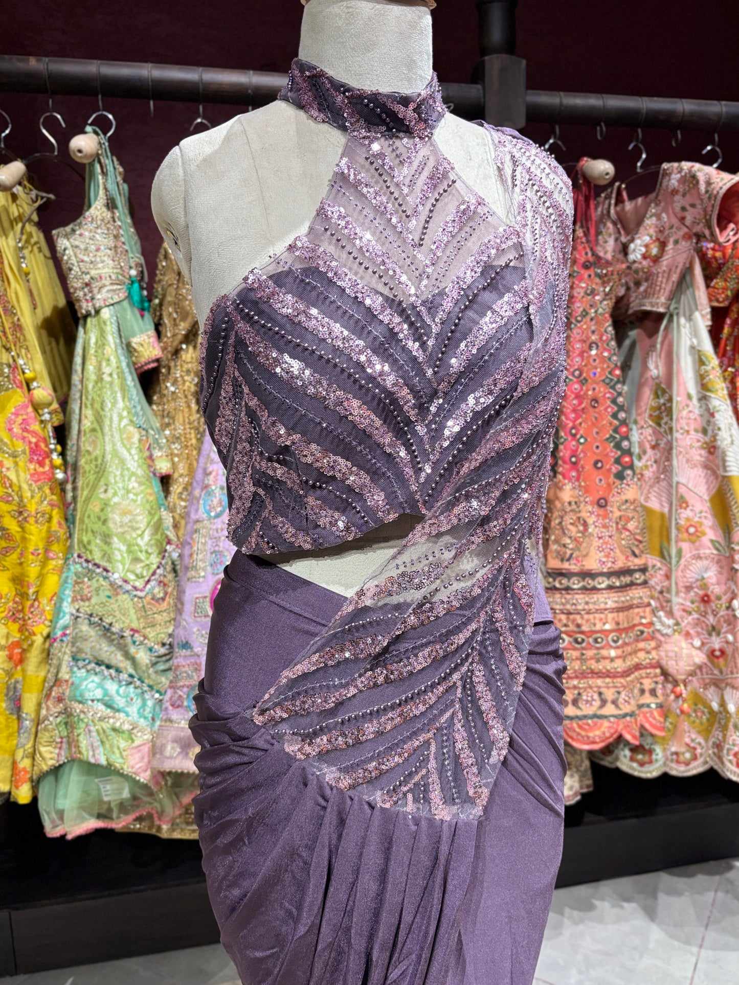 Lavender Designer Drape Saree with Sequin Embellished Couture Blouse