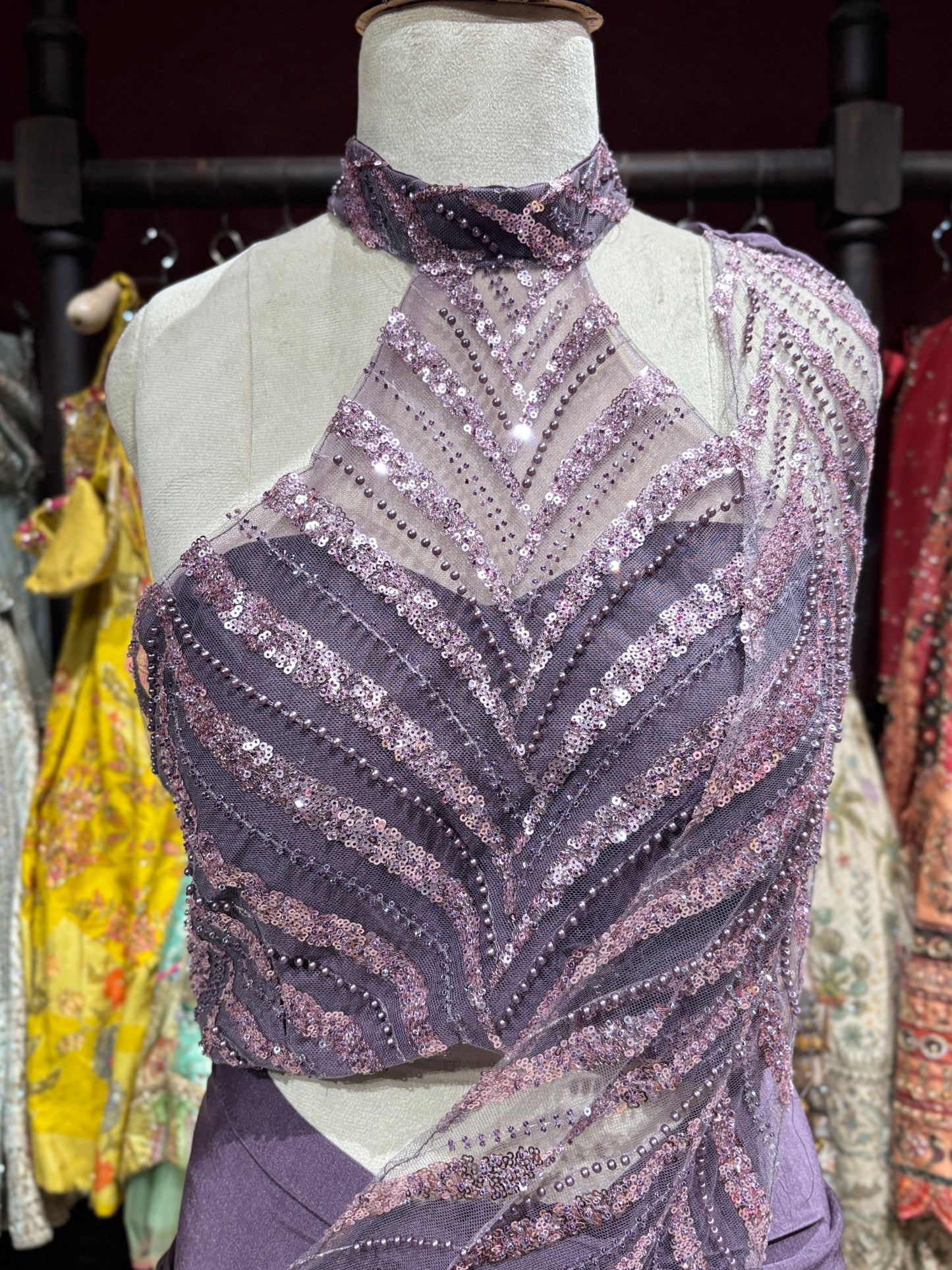 Lavender Designer Drape Saree with Sequin Embellished Couture Blouse