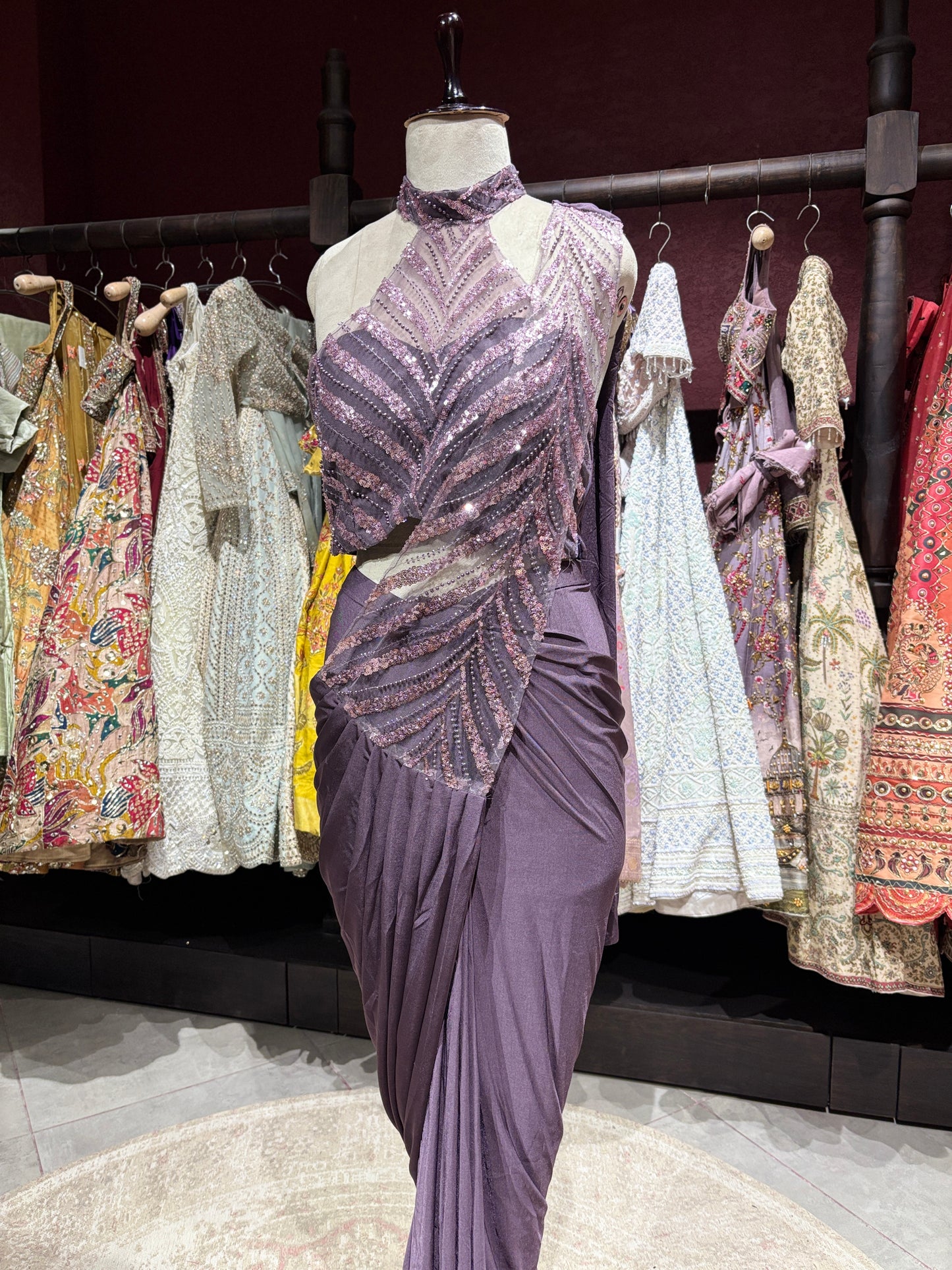 Lavender Designer Drape Saree with Sequin Embellished Couture Blouse