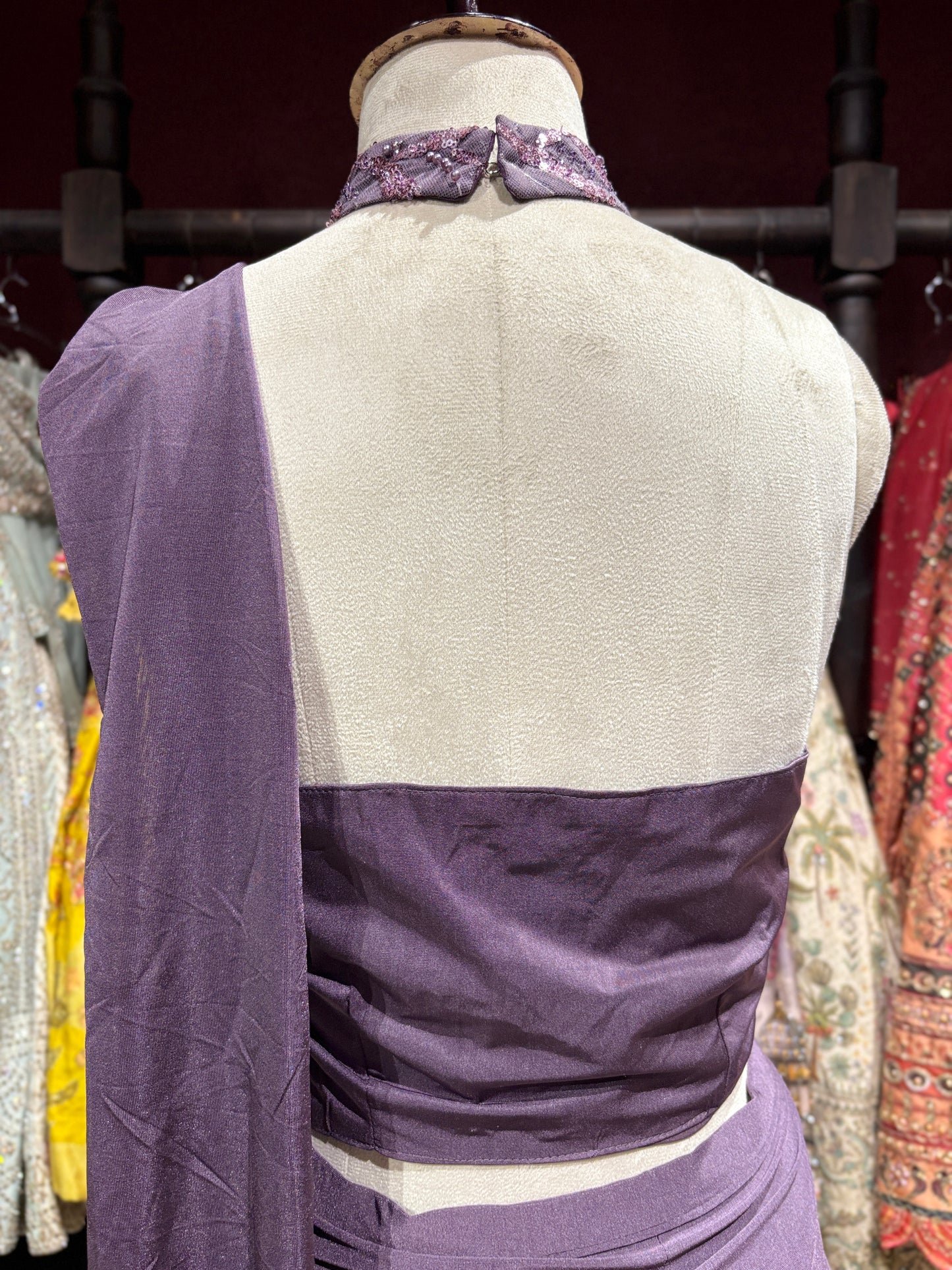Lavender Designer Drape Saree with Sequin Embellished Couture Blouse