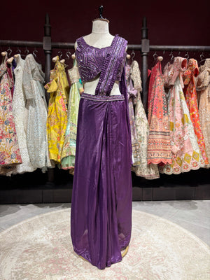 Purple Pre-Draped Saree with Hand-Embellished Designer Blouse