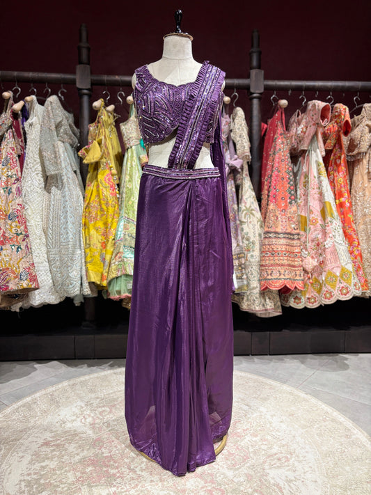 Purple Pre-Draped Saree with Hand-Embellished Designer Blouse