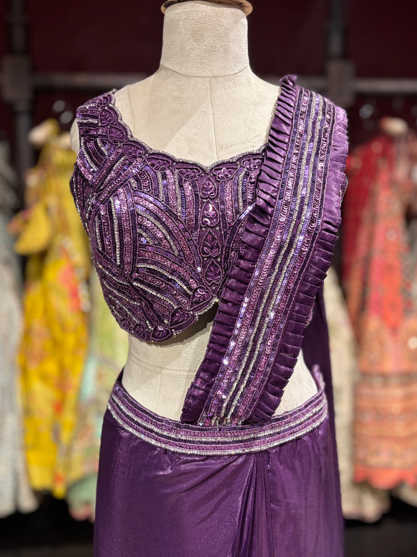 Purple Pre-Draped Saree with Hand-Embellished Designer Blouse
