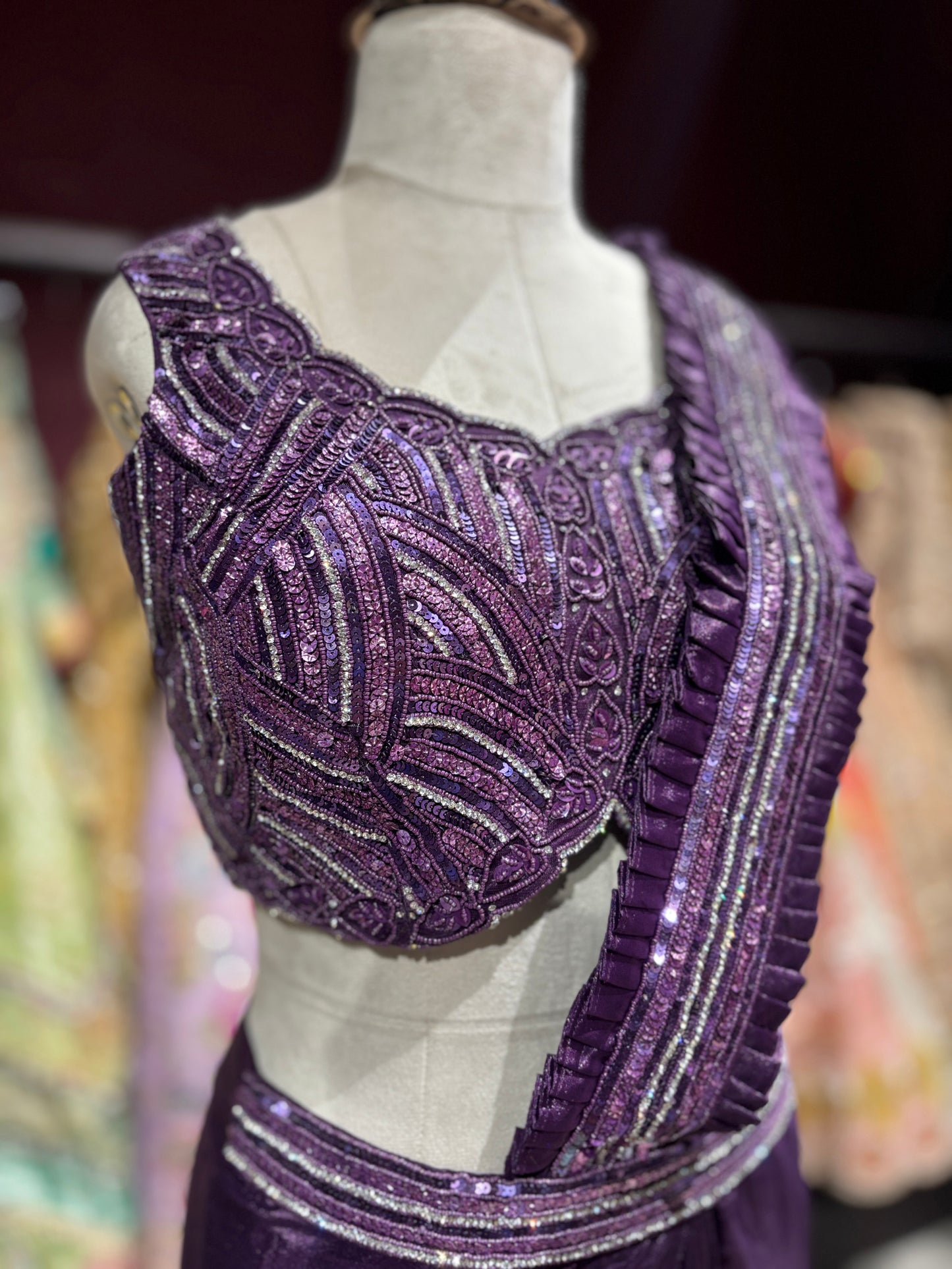 Purple Pre-Draped Saree with Hand-Embellished Designer Blouse