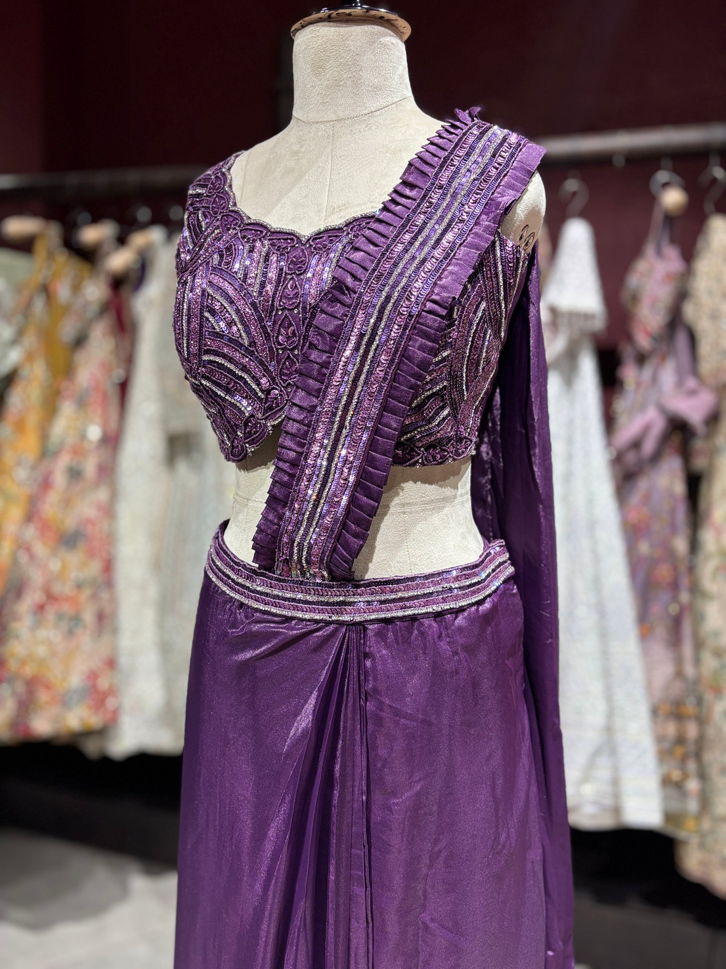 Purple Pre-Draped Saree with Hand-Embellished Designer Blouse