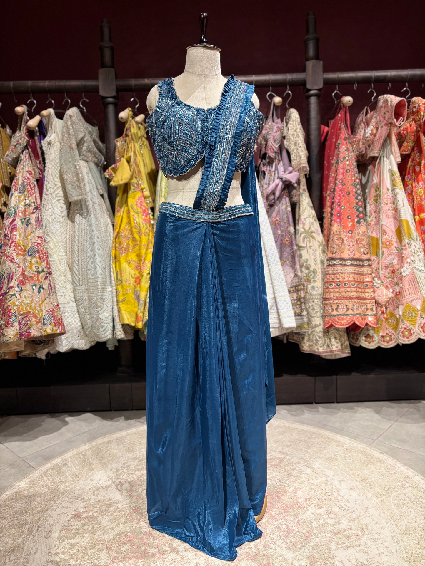 Teal Blue Pre-Draped Saree with Hand-Embellished Designer Blouse