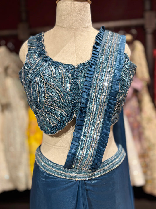 Teal Blue Pre-Draped Saree with Hand-Embellished Designer Blouse
