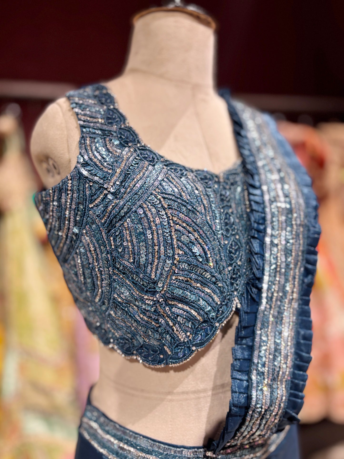 Teal Blue Pre-Draped Saree with Hand-Embellished Designer Blouse