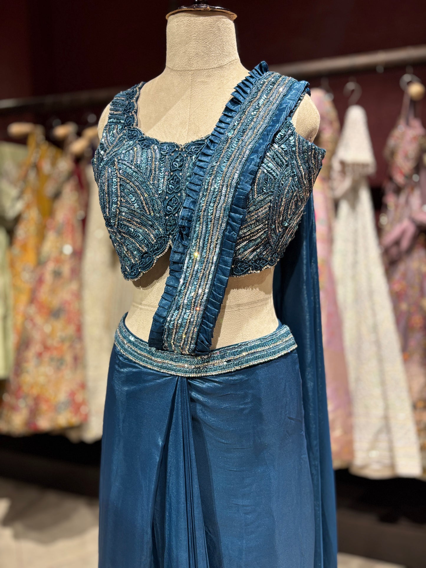 Teal Blue Pre-Draped Saree with Hand-Embellished Designer Blouse