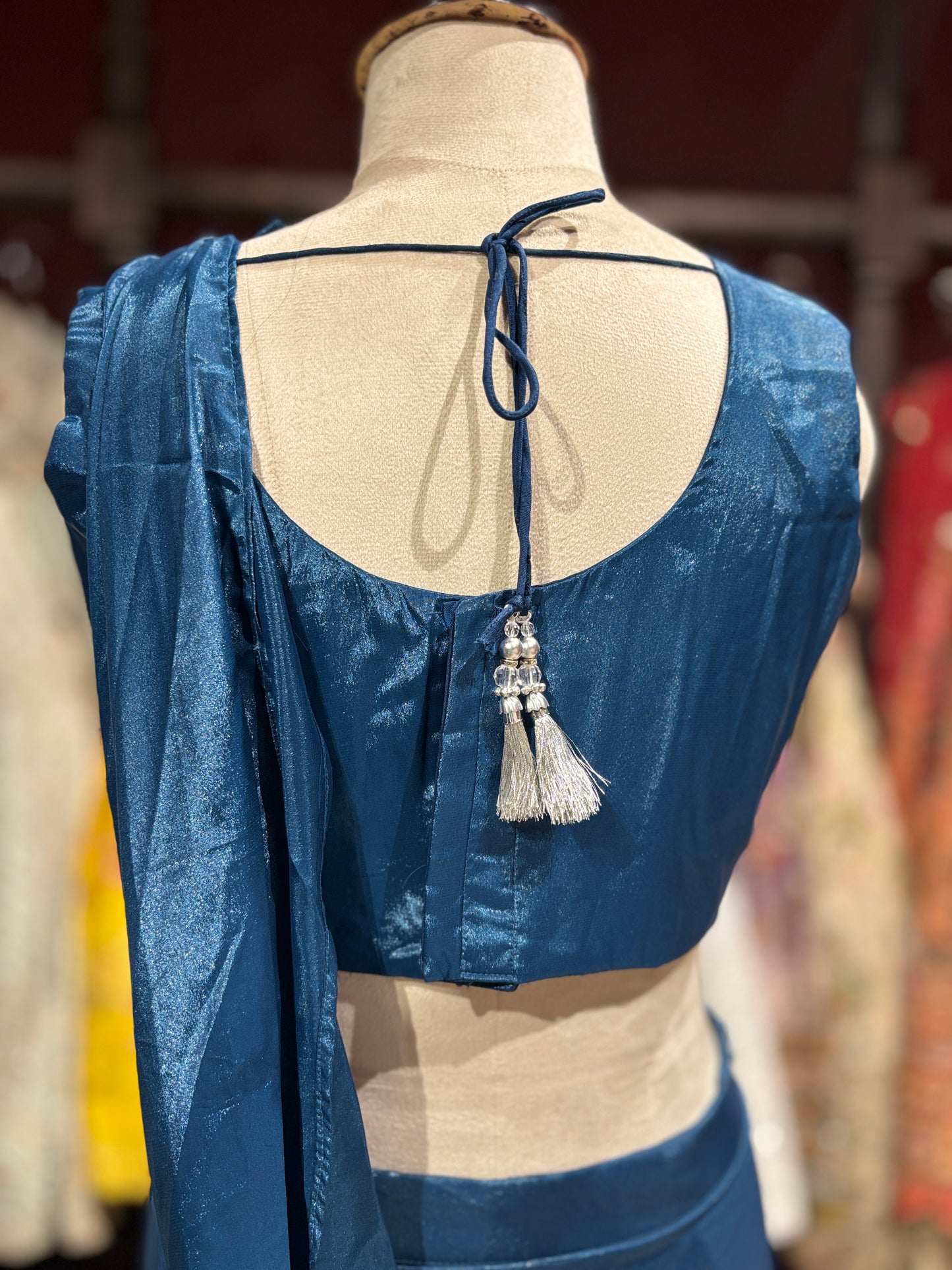 Teal Blue Pre-Draped Saree with Hand-Embellished Designer Blouse