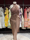 Mocha Brown Drape Saree with High-Neck Sequin Embellished Blouse