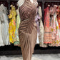 Mocha Brown Drape Saree with High-Neck Sequin Embellished Blouse