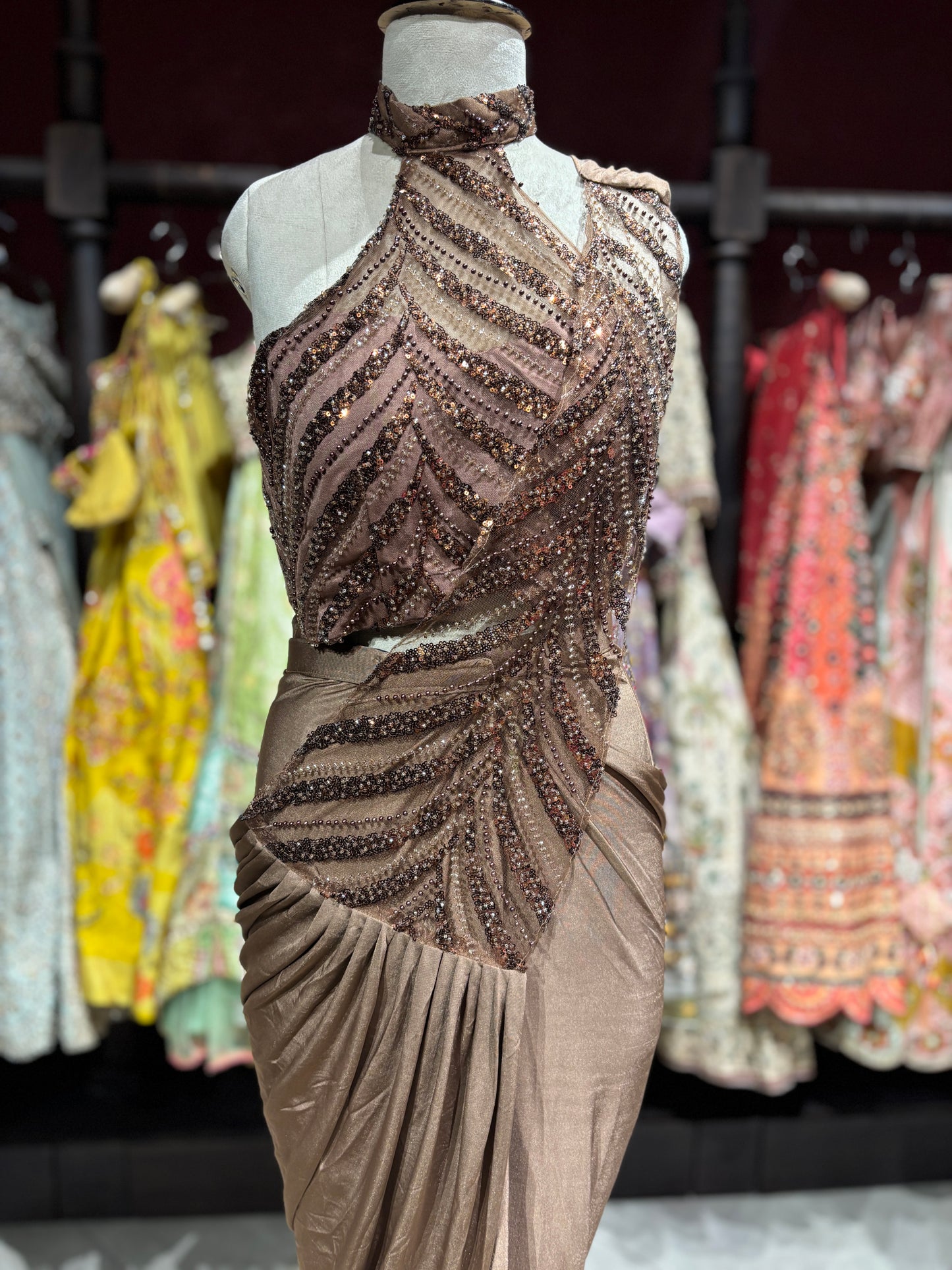 Mocha Brown Drape Saree with High-Neck Sequin Embellished Blouse