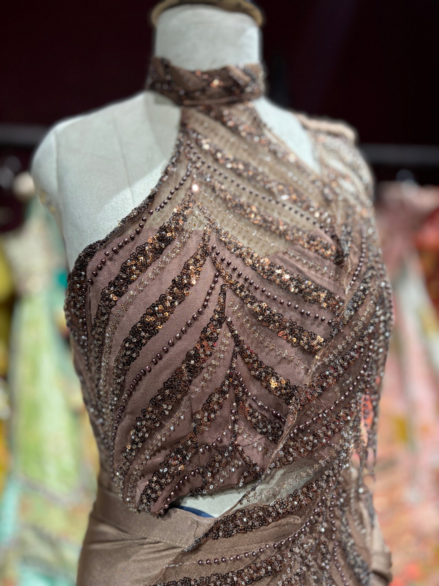 Mocha Brown Drape Saree with High-Neck Sequin Embellished Blouse