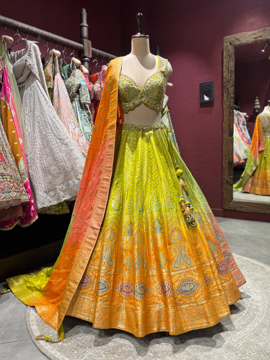Lime Yellow & Orange Banarasi Silk Lehenga with Designer Dupatta
