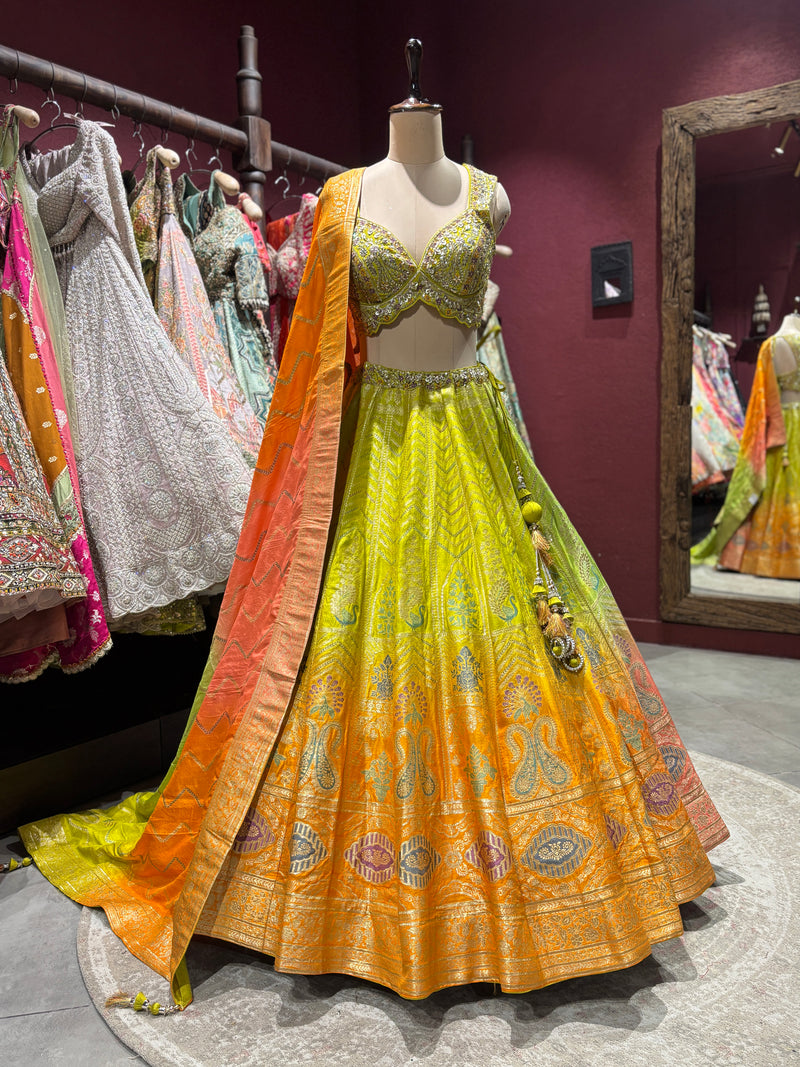 Lime Yellow & Orange Banarasi Silk Lehenga with Designer Dupatta