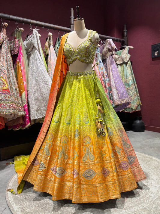 Lime Yellow & Orange Banarasi Silk Lehenga with Designer Dupatta