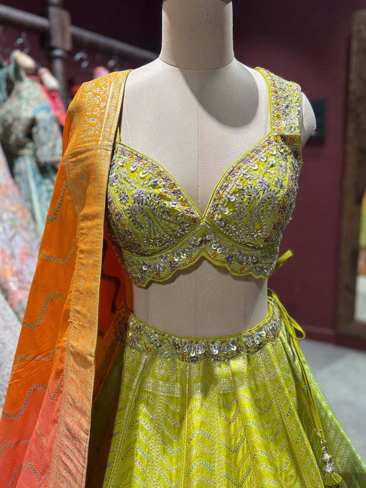 Lime Yellow & Orange Banarasi Silk Lehenga with Designer Dupatta
