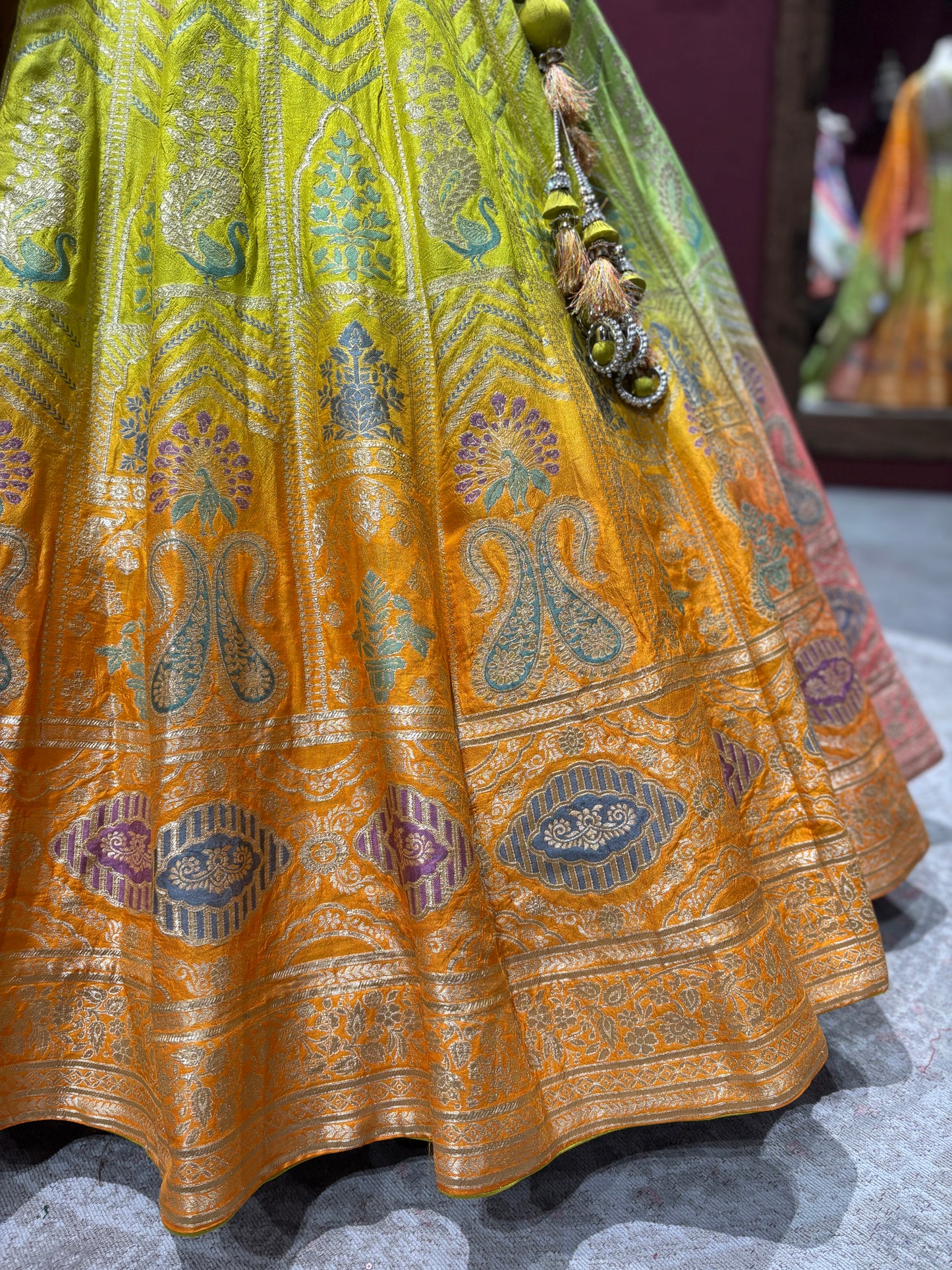 Lime Yellow & Orange Banarasi Silk Lehenga with Designer Dupatta