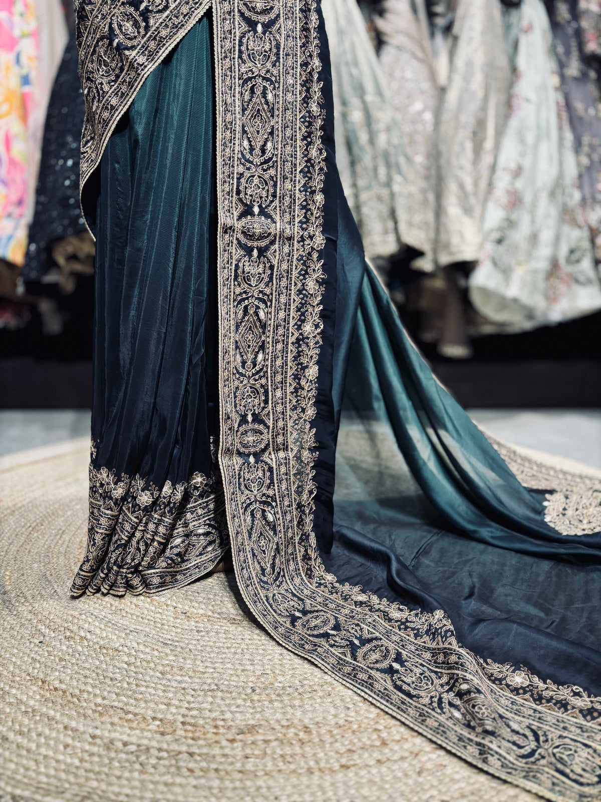 Teal Green Designer Saree with Heavy Gold Embroidered Border and Matching Blouse