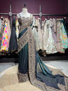 Teal Green Designer Saree with Heavy Gold Embroidered Border and Matching Blouse