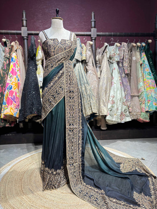 Teal Green Designer Saree with Heavy Gold Embroidered Border and Matching Blouse