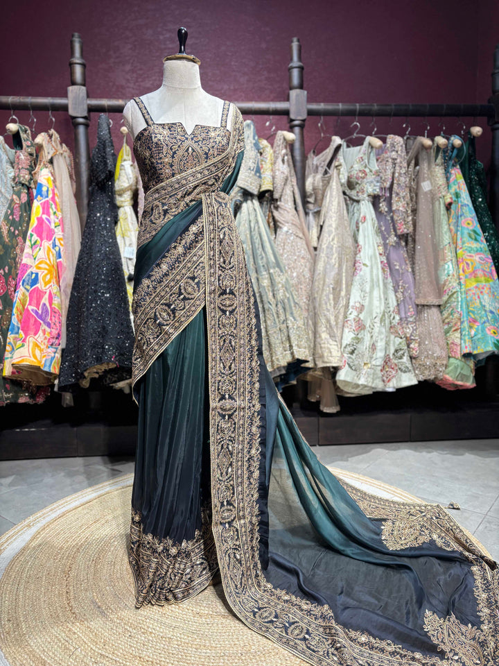 Teal Green Designer Saree with Heavy Gold Embroidered Border and Matching Blouse