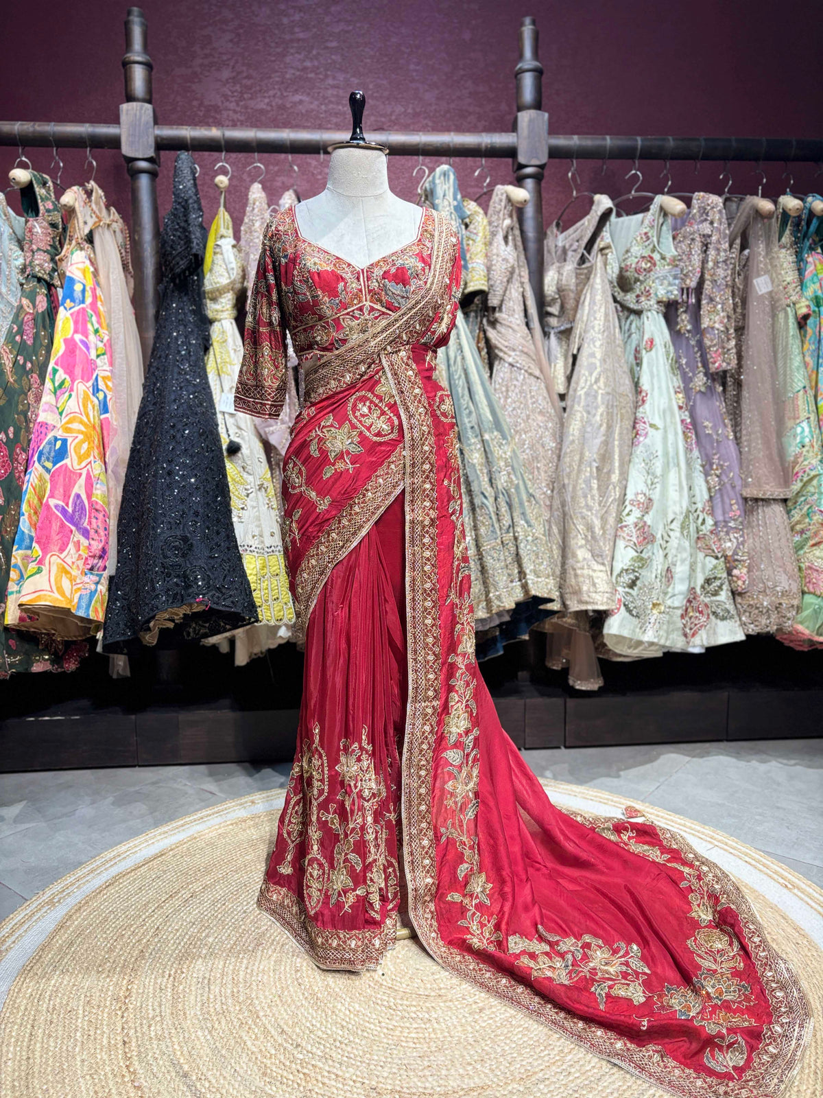 Red Designer Saree with Heavy Gold Floral Embroidery and Matching Blouse