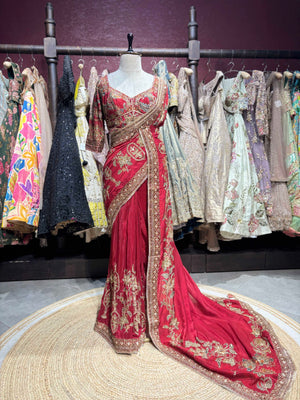Red Designer Saree with Heavy Gold Floral Embroidery and Matching Blouse