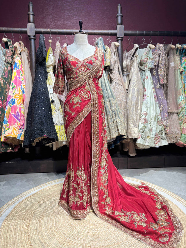 Red Designer Saree with Heavy Gold Floral Embroidery and Matching Blouse