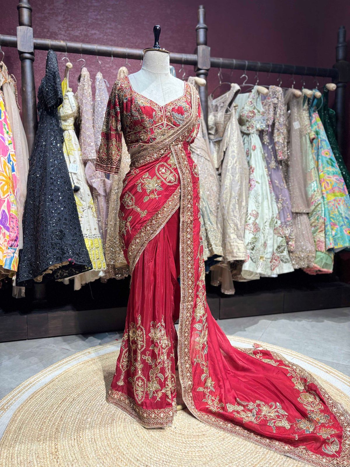 Red Designer Saree with Heavy Gold Floral Embroidery and Matching Blouse