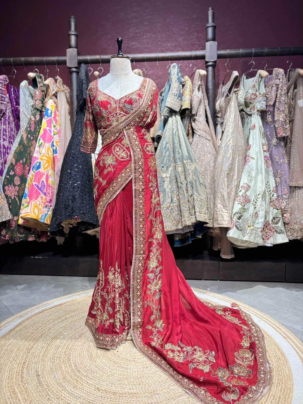 Red Designer Saree with Heavy Gold Floral Embroidery and Matching Blouse