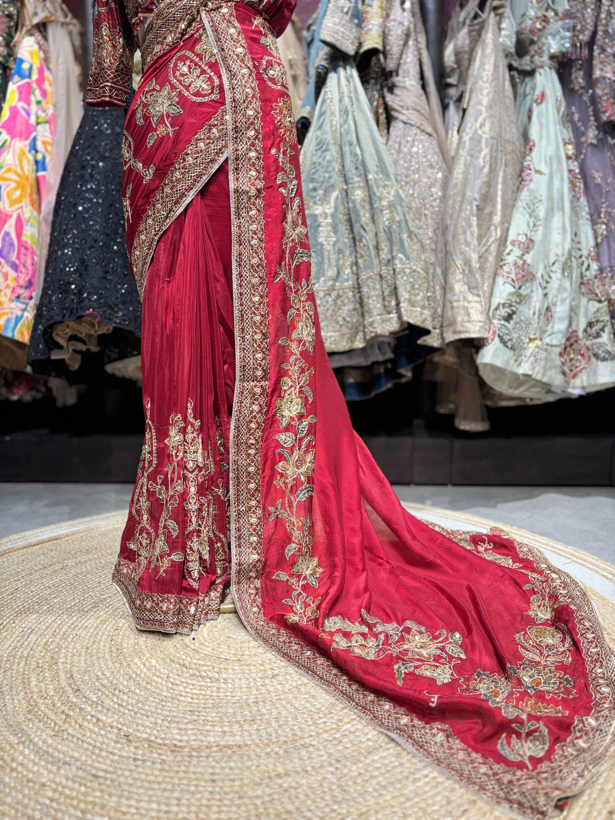 Red Designer Saree with Heavy Gold Floral Embroidery and Matching Blouse