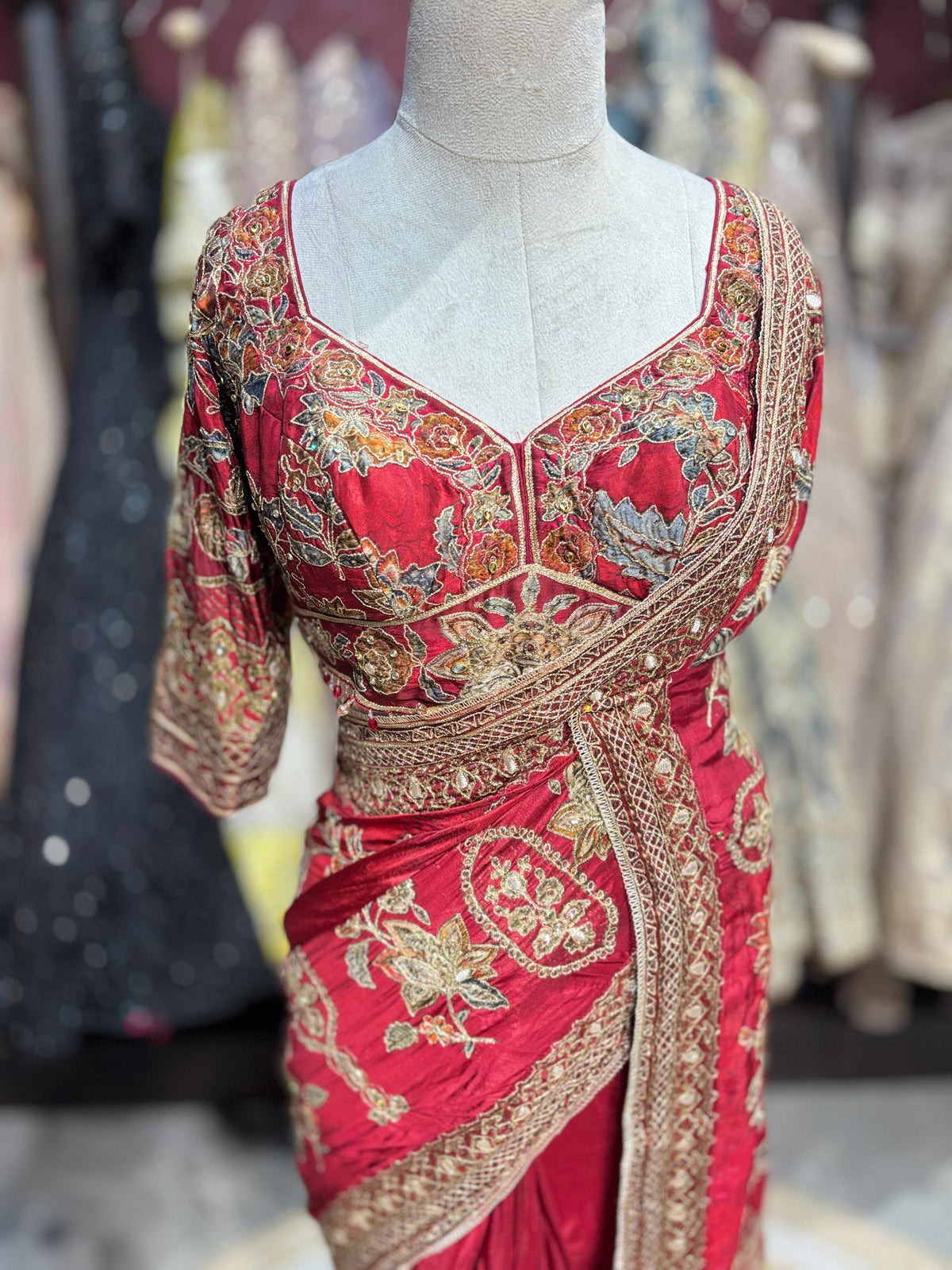 Red Designer Saree with Heavy Gold Floral Embroidery and Matching Blouse