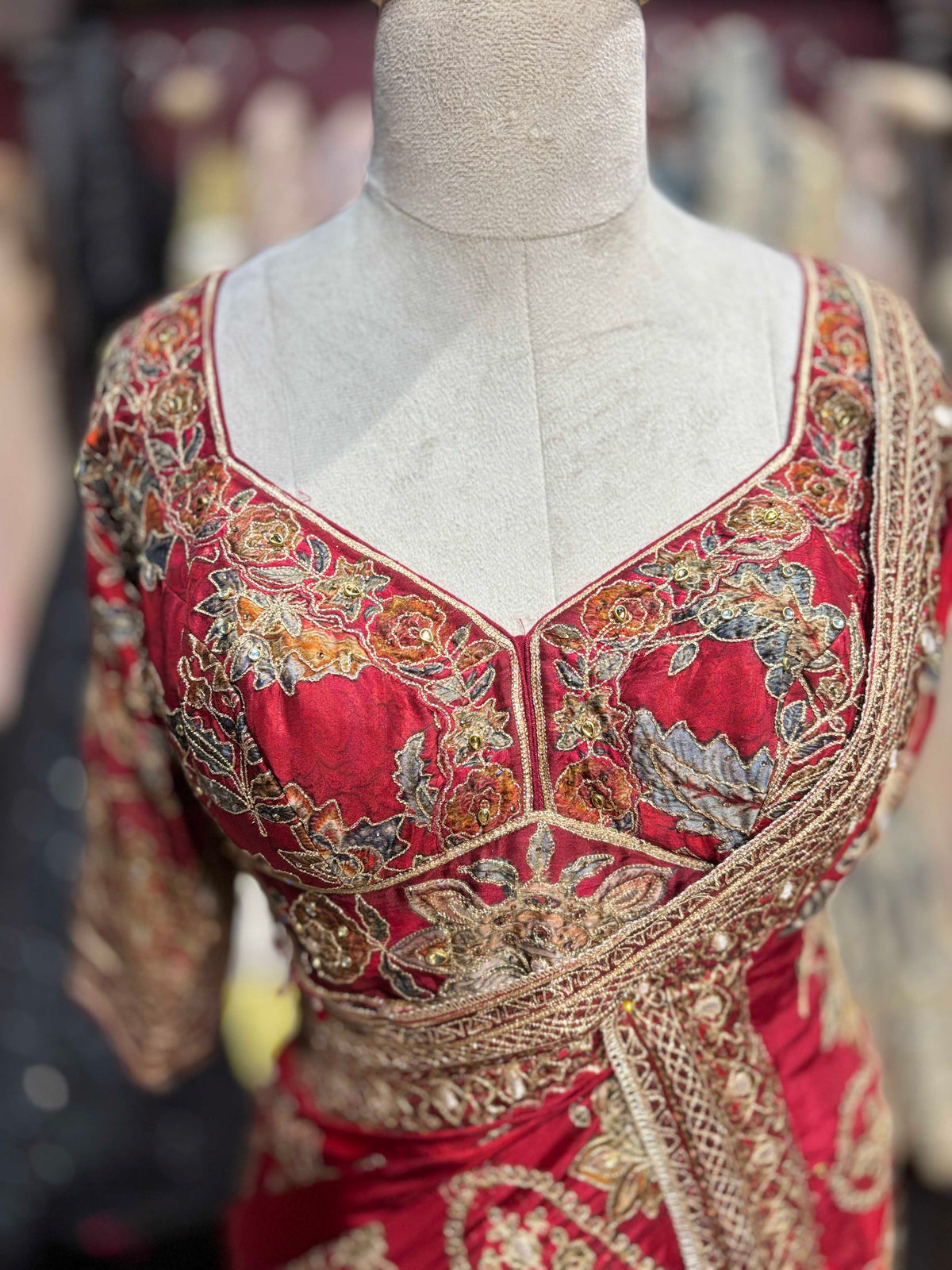 Red Designer Saree with Heavy Gold Floral Embroidery and Matching Blouse