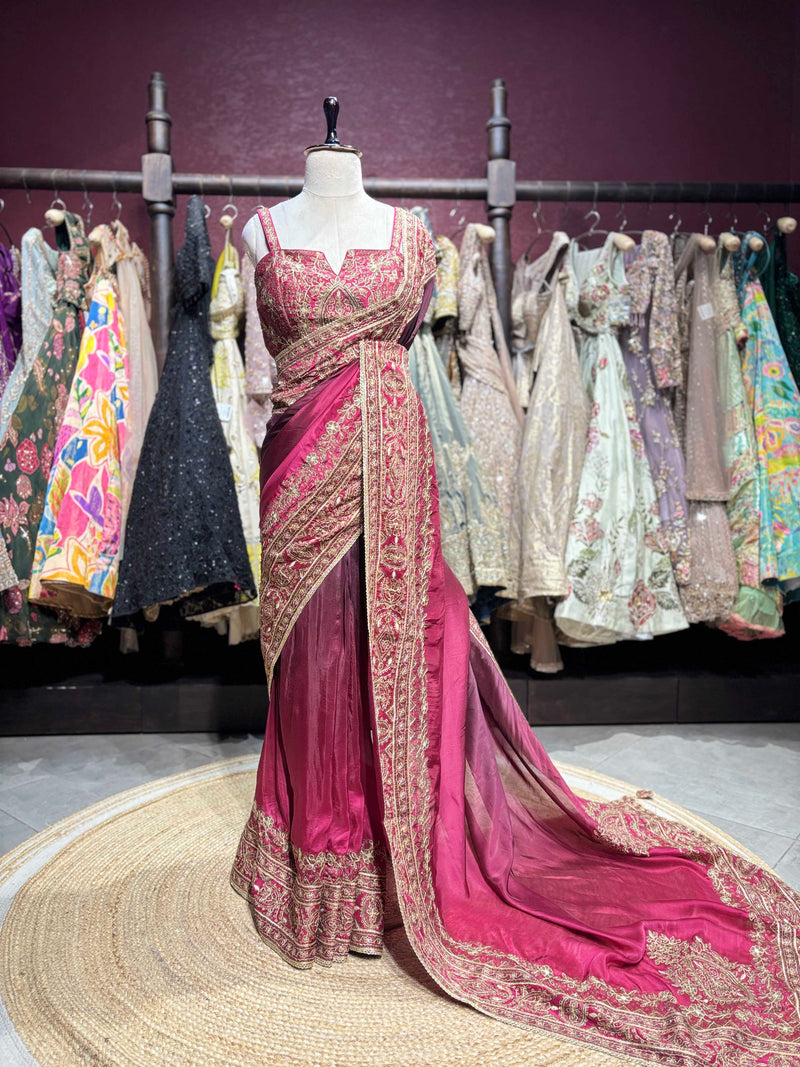 Designer Saree with Heavy Gold Embroidered Border and Matching Blouse