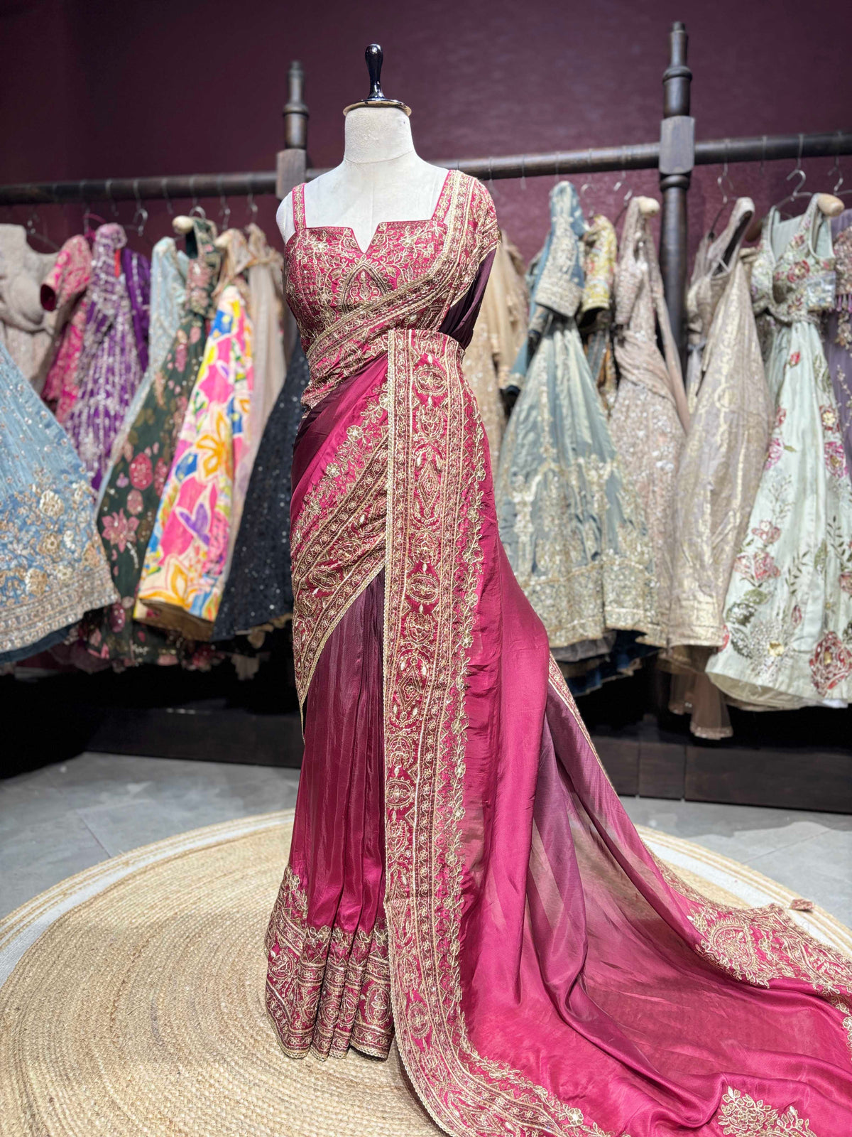 Designer Saree with Heavy Gold Embroidered Border and Matching Blouse