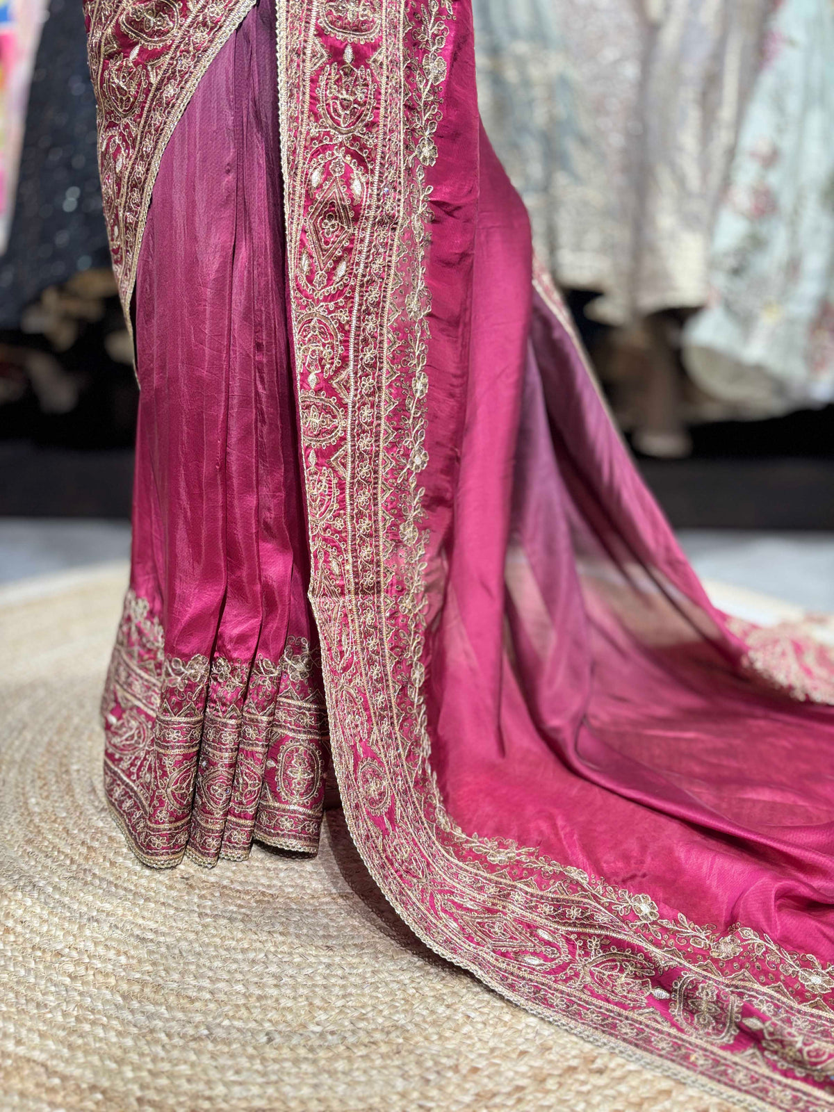 Designer Saree with Heavy Gold Embroidered Border and Matching Blouse