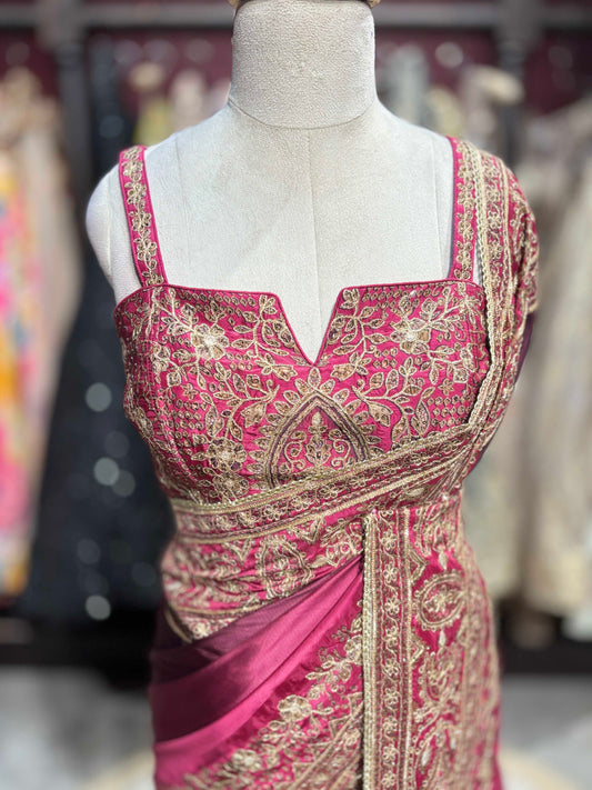 Designer Saree with Heavy Gold Embroidered Border and Matching Blouse