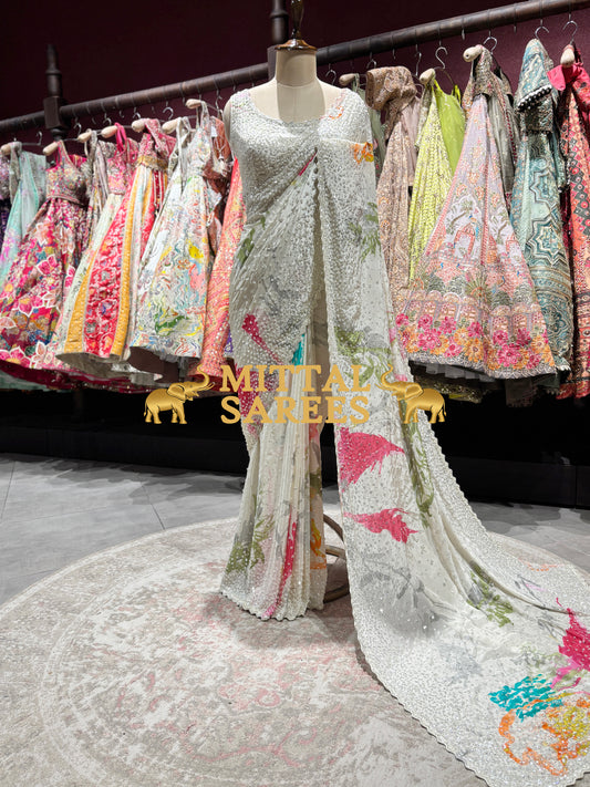 Elegant Floral Sequin Embroidered Designer Party Wear Saree