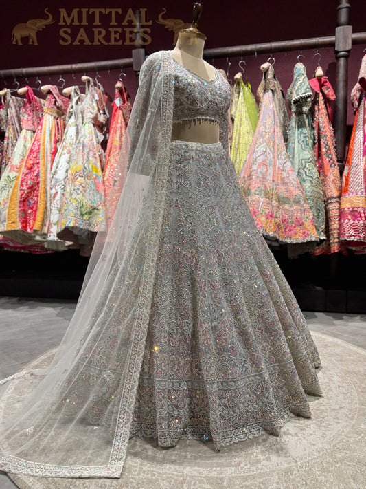 Silver Grey Heavy Embroidered Bridal Lehenga Set