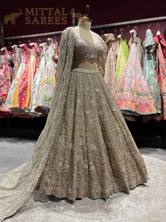 Golden Beige Heavy Embroidered Bridal Lehenga Set