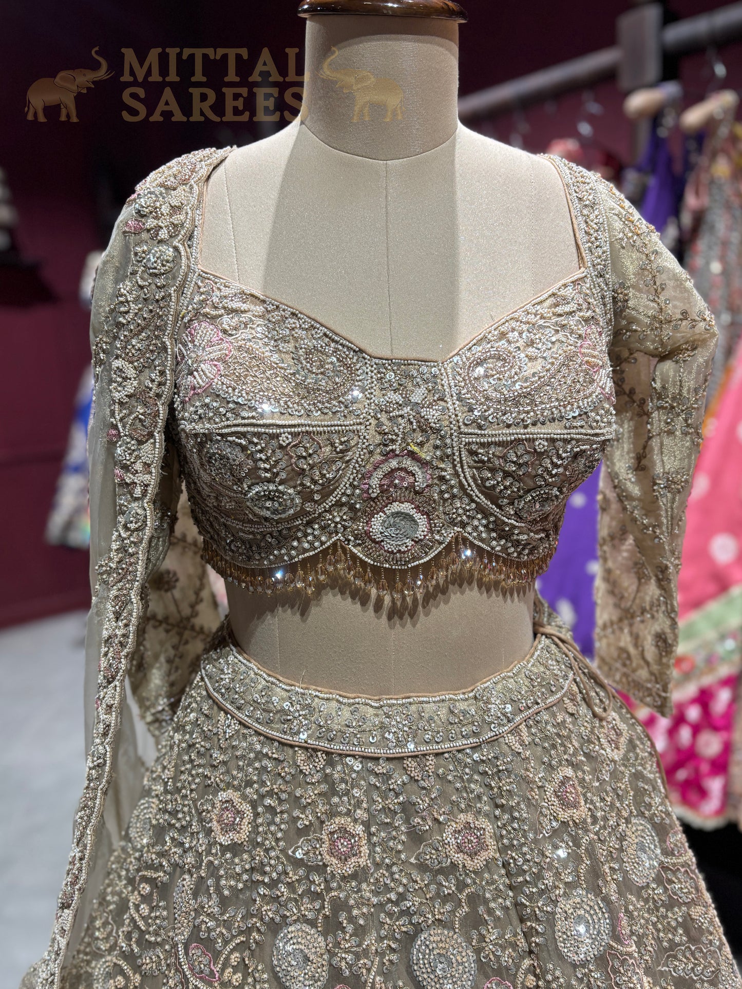 Golden Beige Heavy Embroidered Bridal Lehenga Set