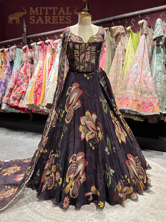 Black Floral Printed Designer Lehenga with Dupatta