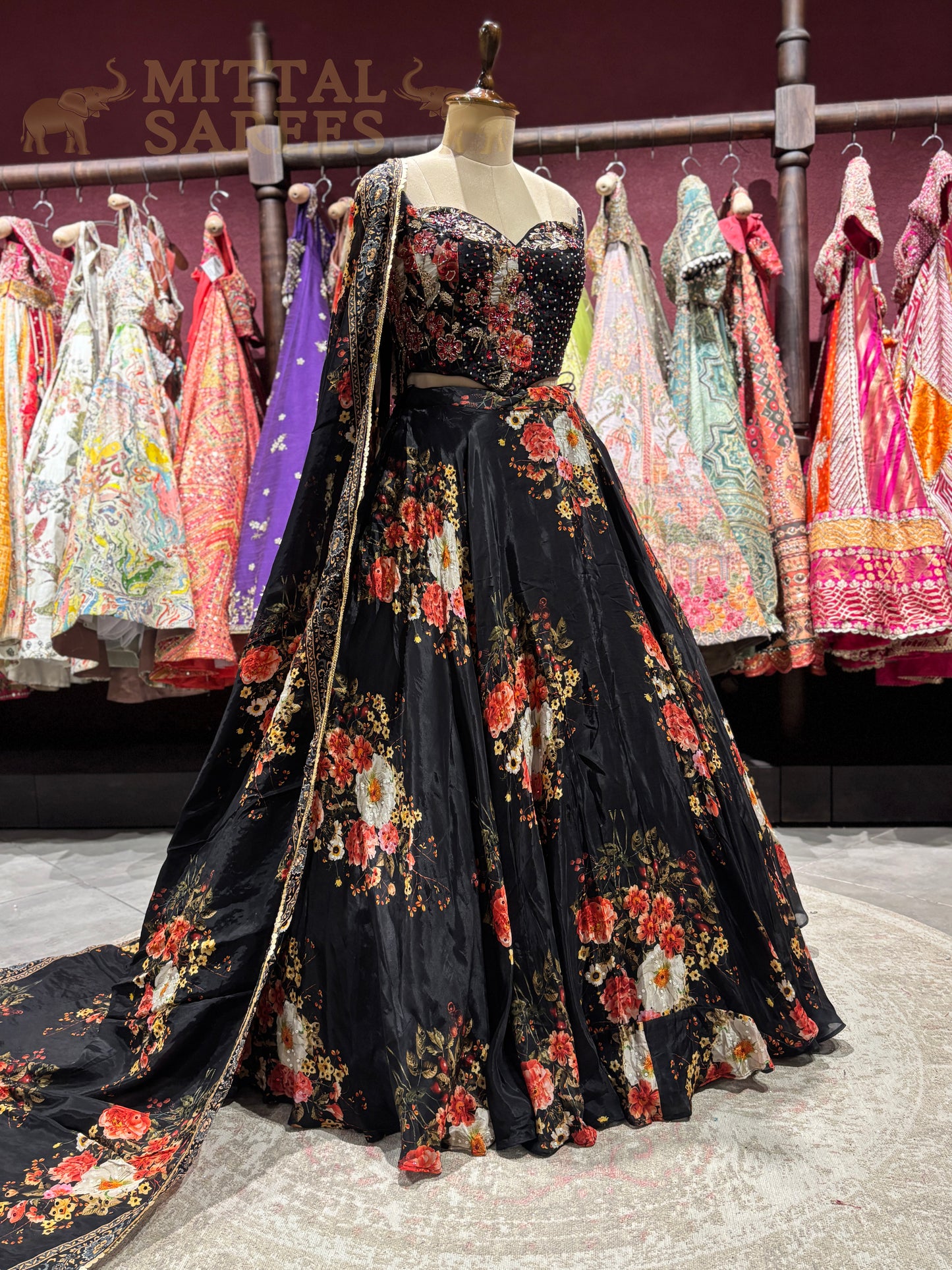 Black Floral Printed Party Wear Lehenga Set