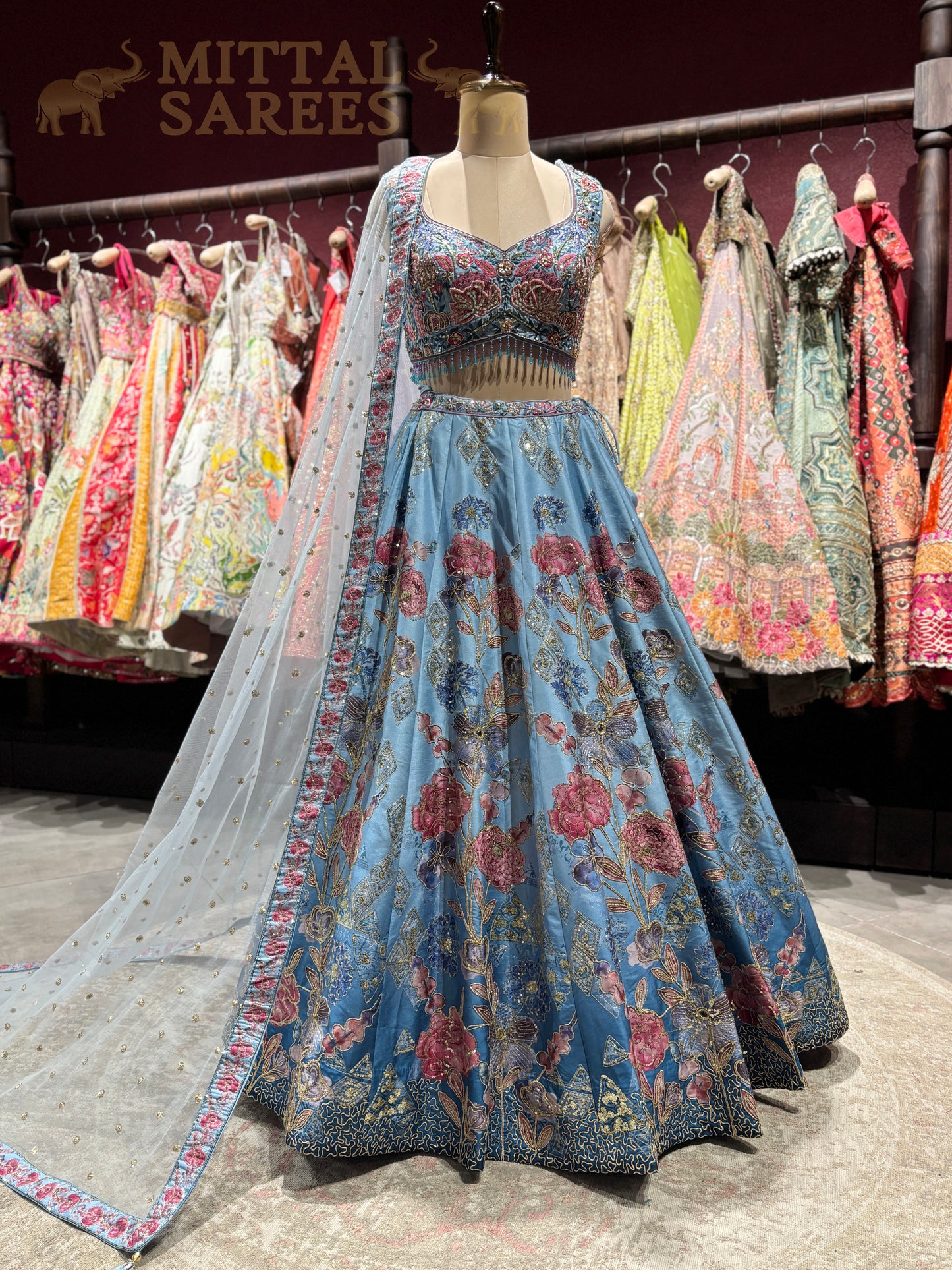 Sky Blue Floral Embroidered Bridal Lehenga Set