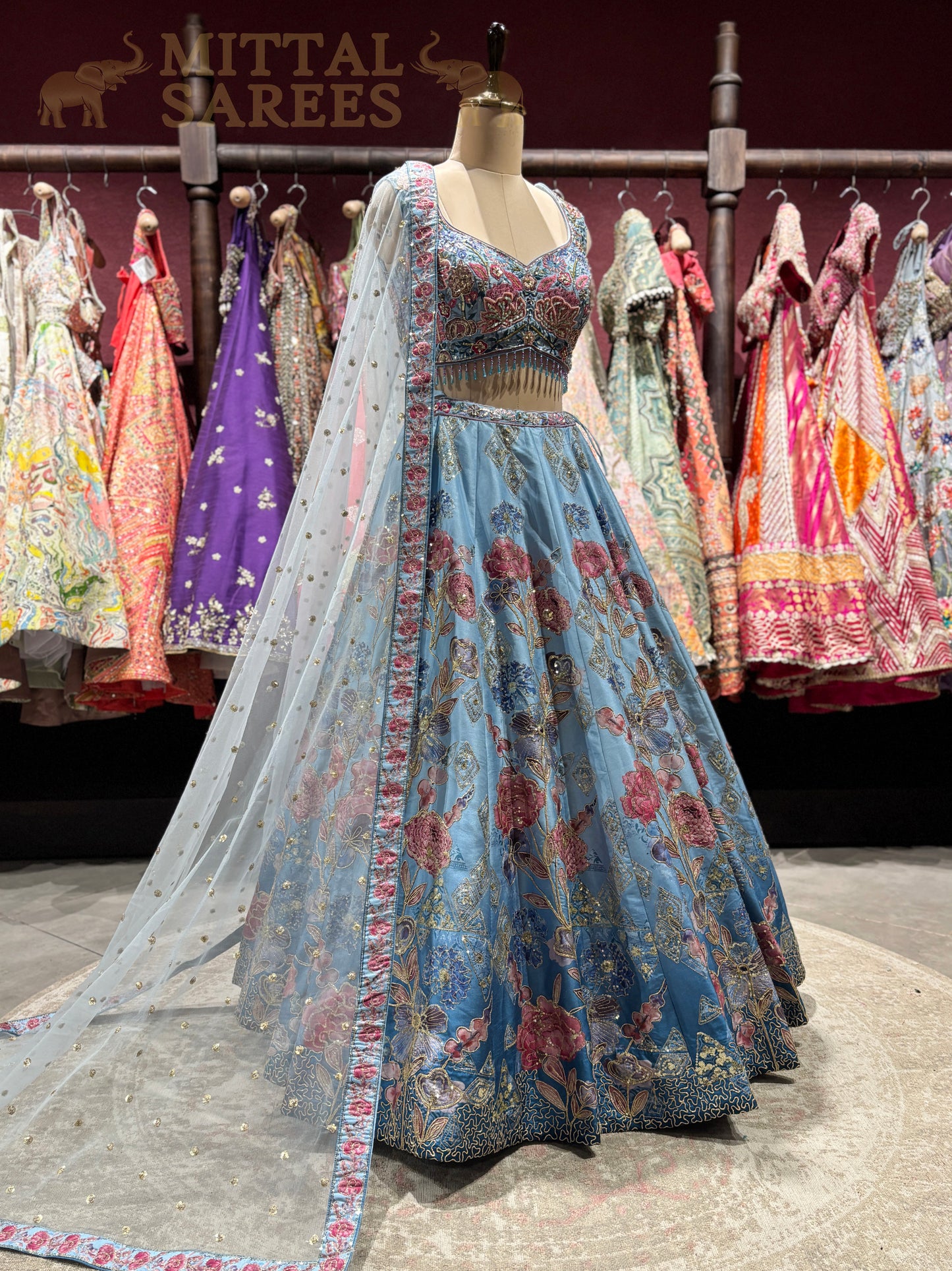 Sky Blue Floral Embroidered Bridal Lehenga Set